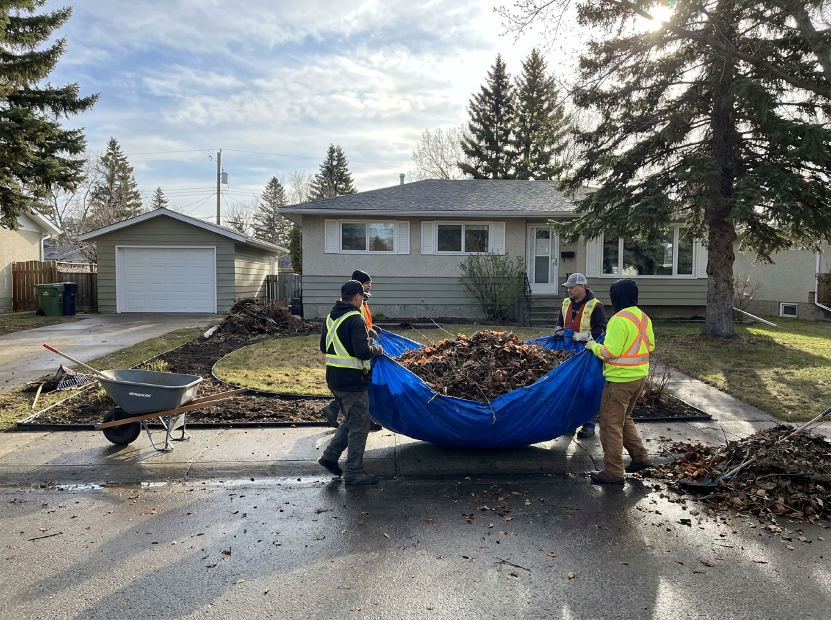A freshly aerated residential lawn in Crossfield with visible soil cores on the surface